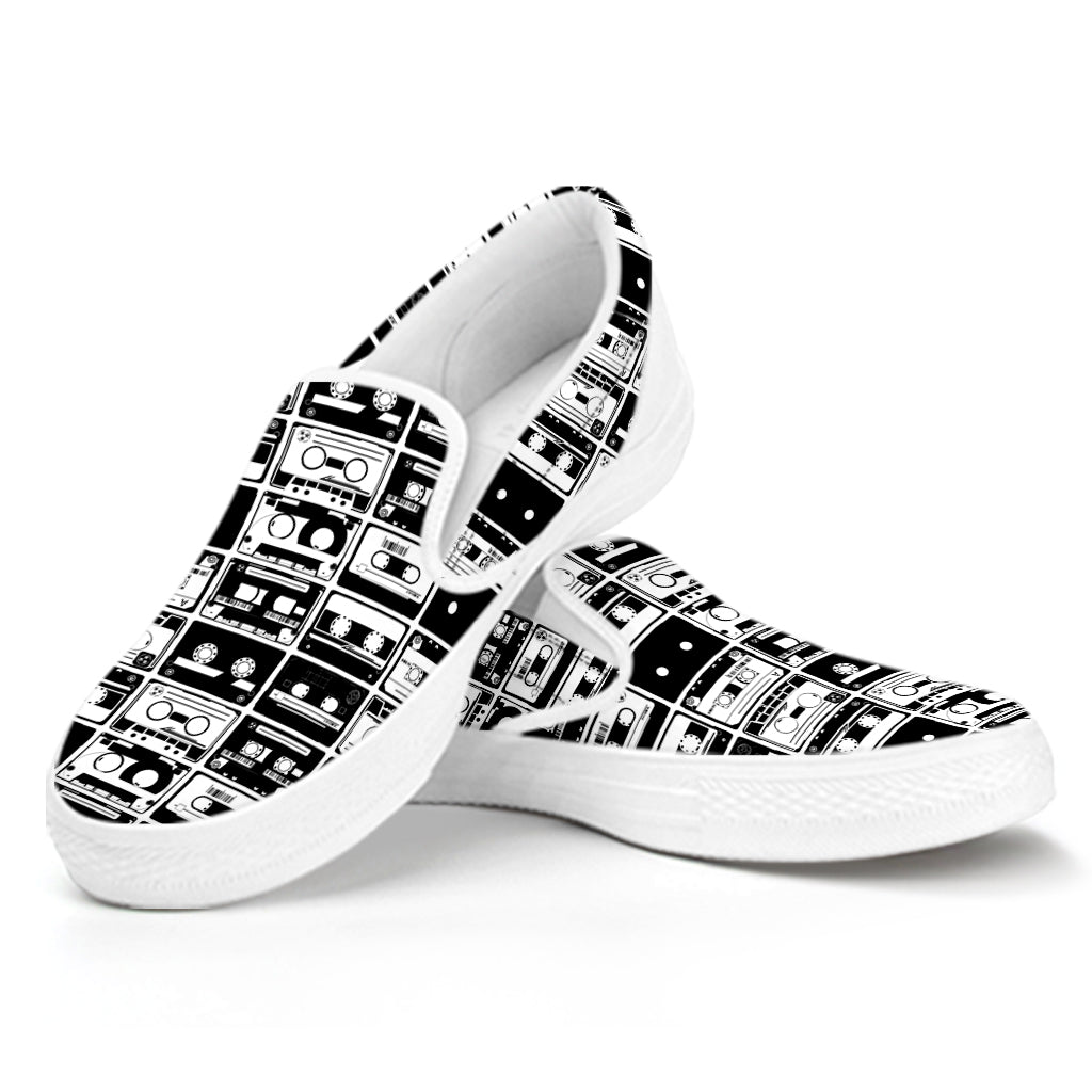 Black And White Cassette Tape Print White Slip On Shoes