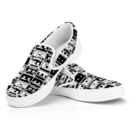 Black And White Cassette Tape Print White Slip On Shoes