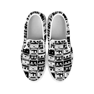 Black And White Cassette Tape Print White Slip On Shoes