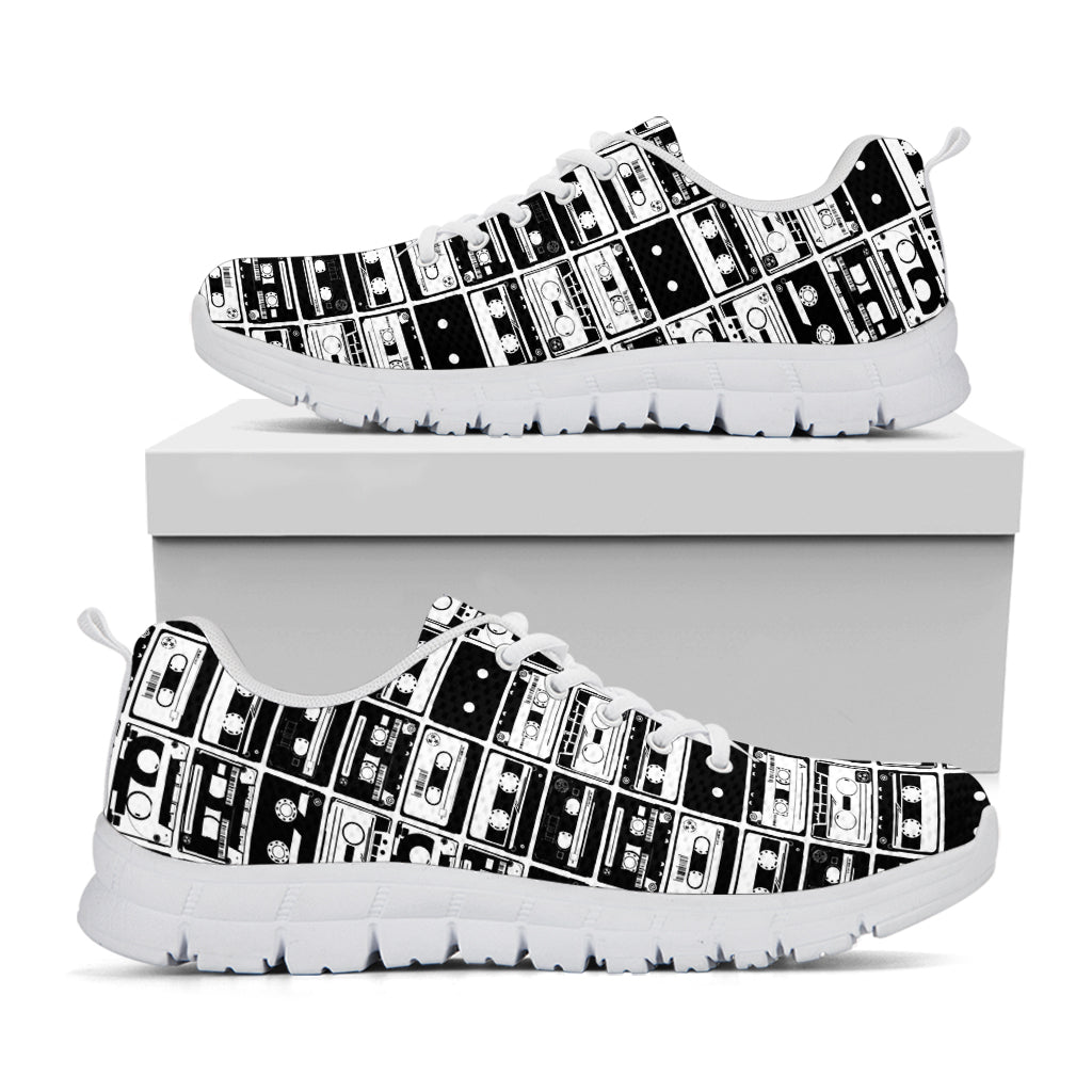 Black And White Cassette Tape Print White Sneakers
