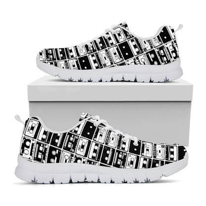 Black And White Cassette Tape Print White Sneakers