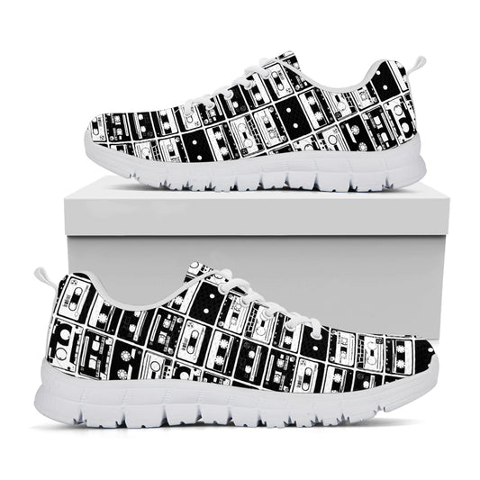 Black And White Cassette Tape Print White Sneakers