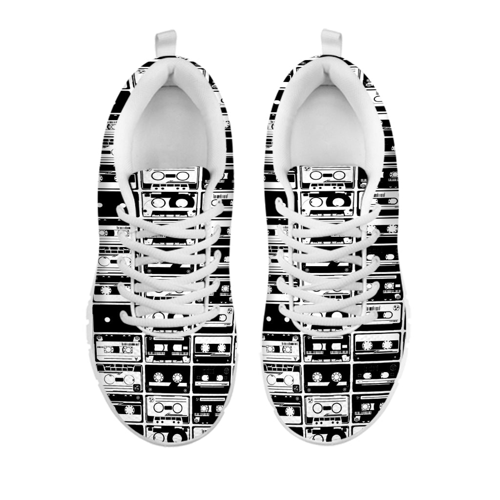 Black And White Cassette Tape Print White Sneakers