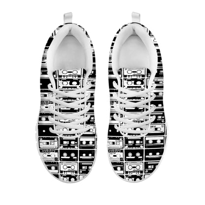 Black And White Cassette Tape Print White Sneakers