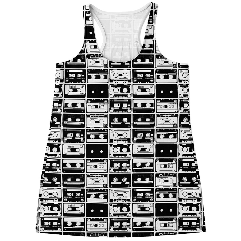 Black And White Cassette Tape Print Women's Racerback Tank Top