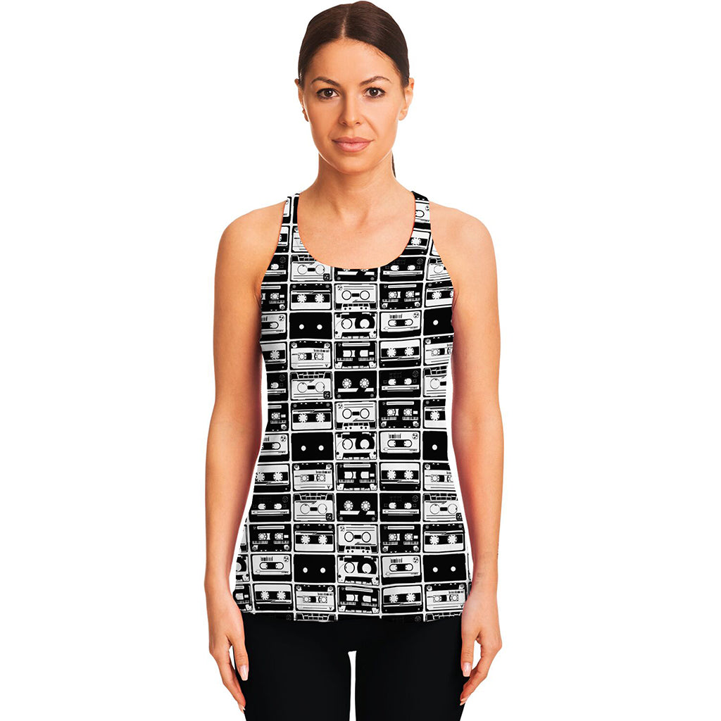 Black And White Cassette Tape Print Women's Racerback Tank Top