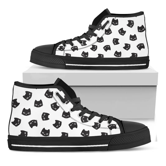 Black And White Cat Pattern Print Black High Top Shoes