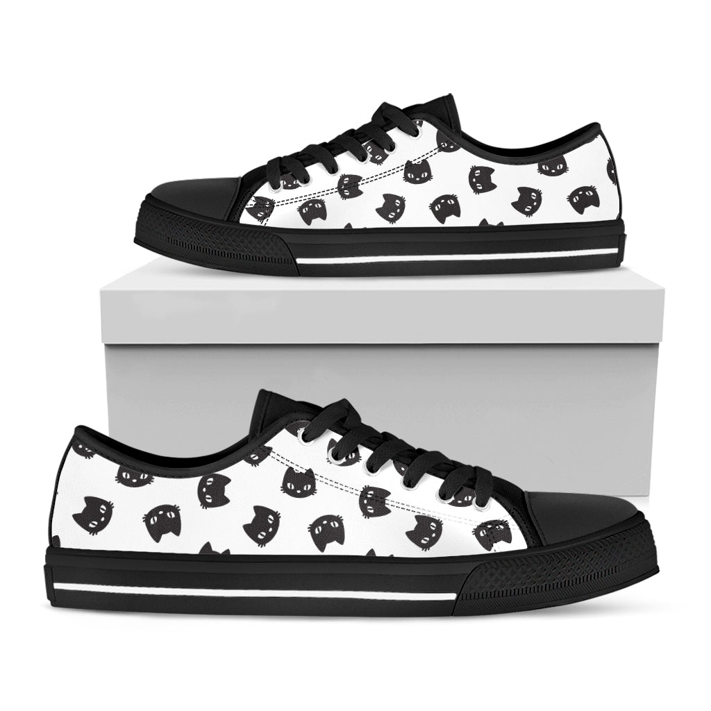 Black And White Cat Pattern Print Black Low Top Shoes