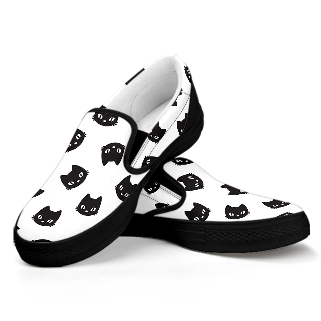 Black And White Cat Pattern Print Black Slip On Shoes