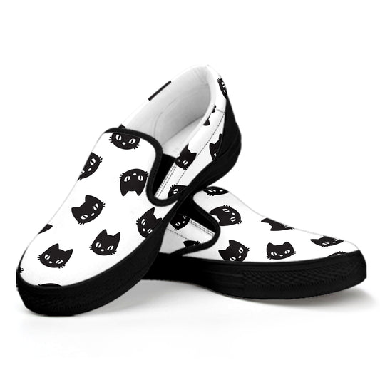 Black And White Cat Pattern Print Black Slip On Shoes