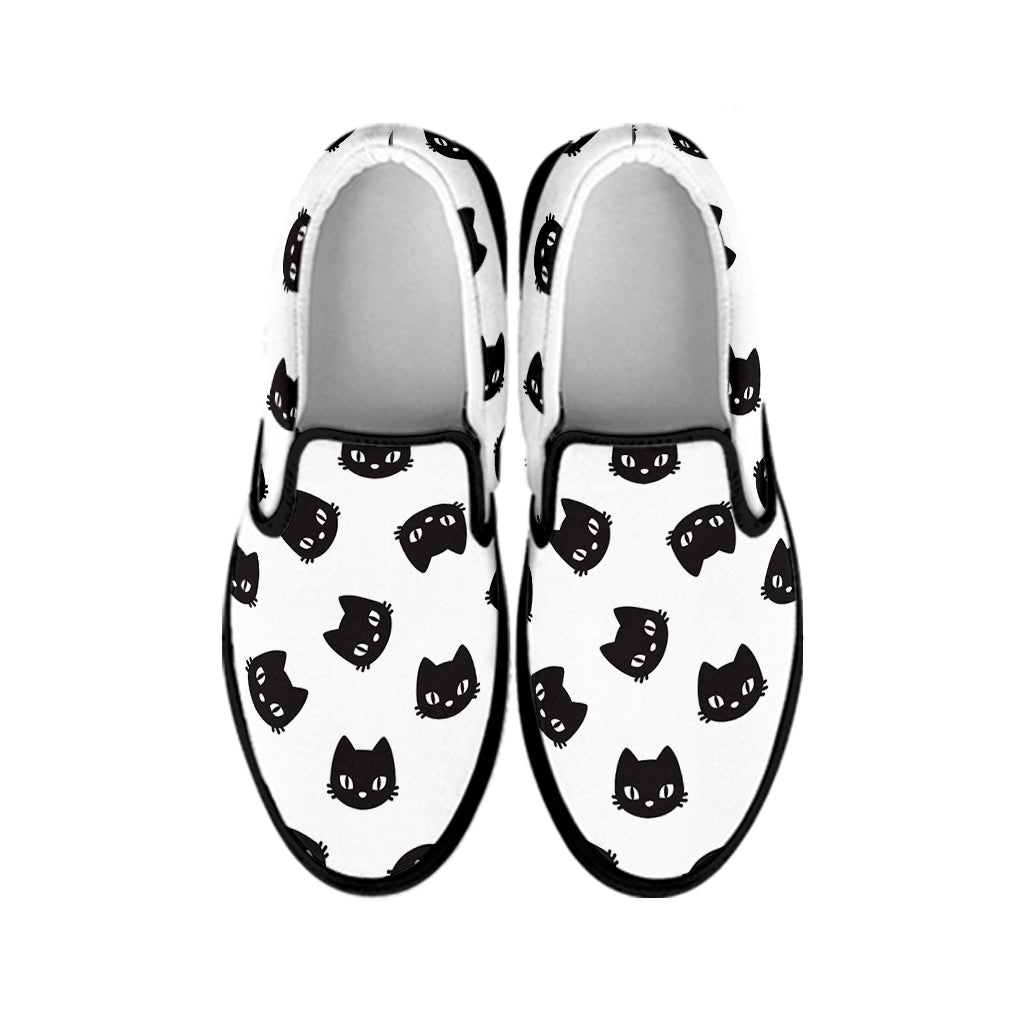 Black And White Cat Pattern Print Black Slip On Shoes
