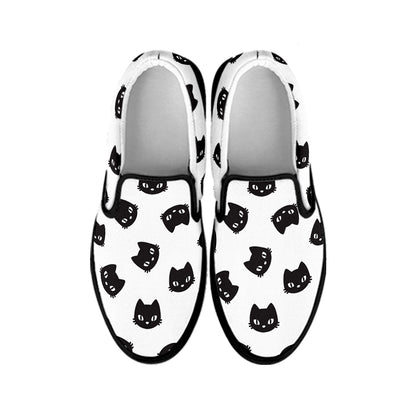 Black And White Cat Pattern Print Black Slip On Shoes