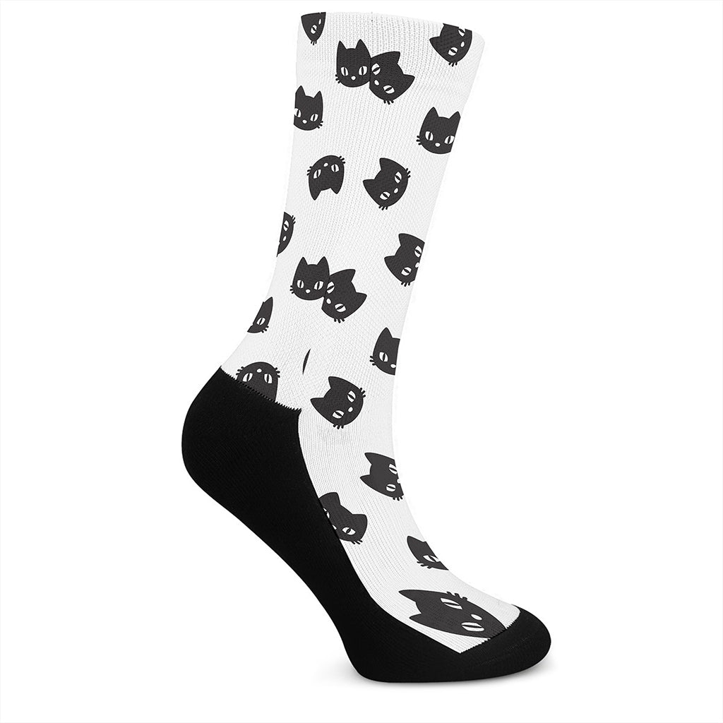 Black And White Cat Pattern Print Crew Socks