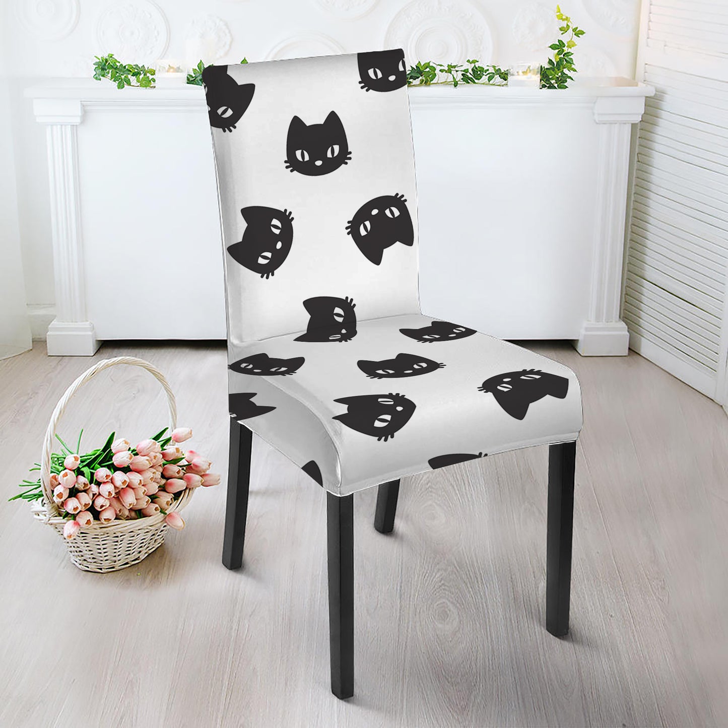 Black And White Cat Pattern Print Dining Chair Slipcover