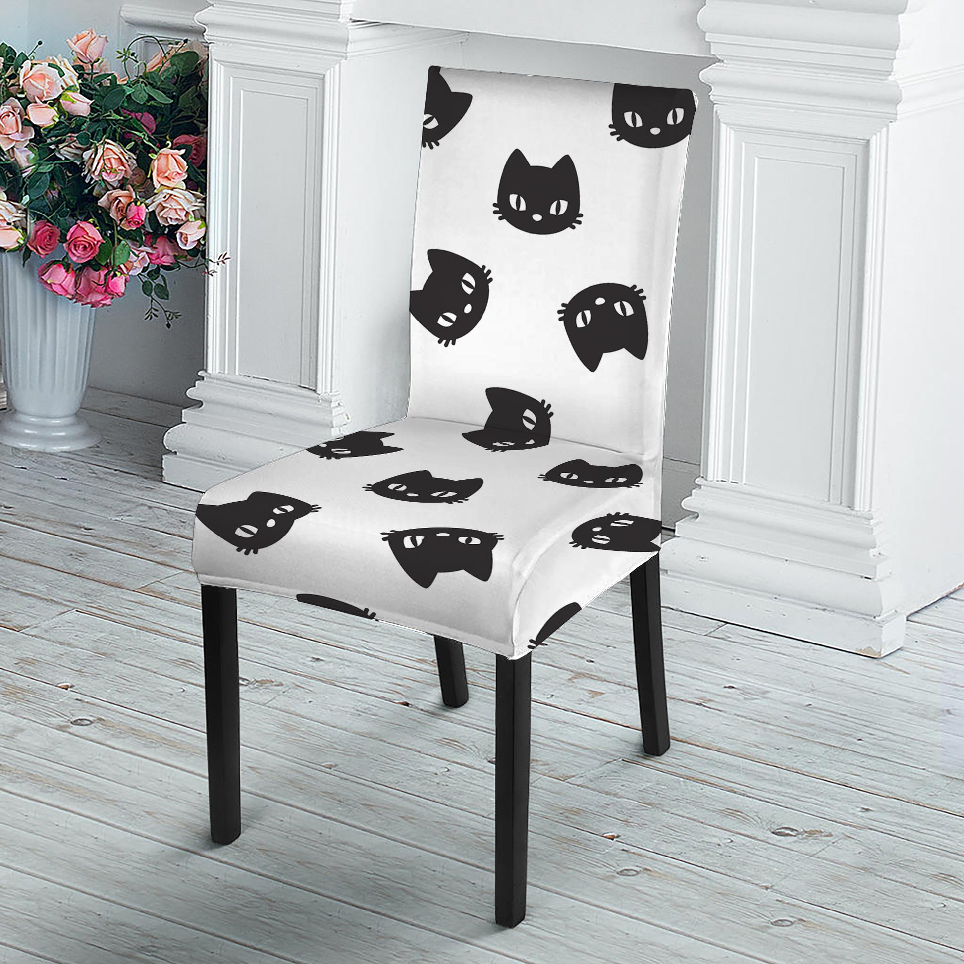 Black And White Cat Pattern Print Dining Chair Slipcover