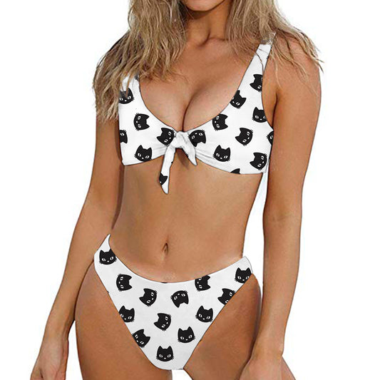 Black And White Cat Pattern Print Front Bow Tie Bikini