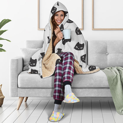 Black And White Cat Pattern Print Hooded Blanket