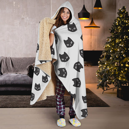 Black And White Cat Pattern Print Hooded Blanket