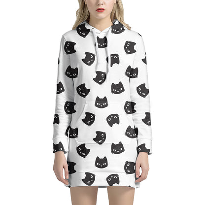 Black And White Cat Pattern Print Hoodie Dress
