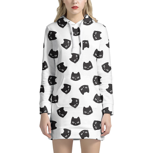 Black And White Cat Pattern Print Hoodie Dress