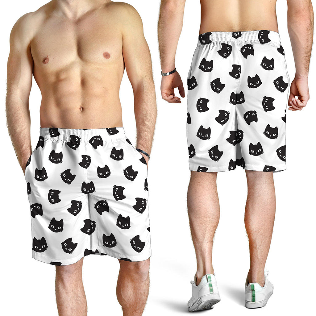 Black And White Cat Pattern Print Men's Shorts