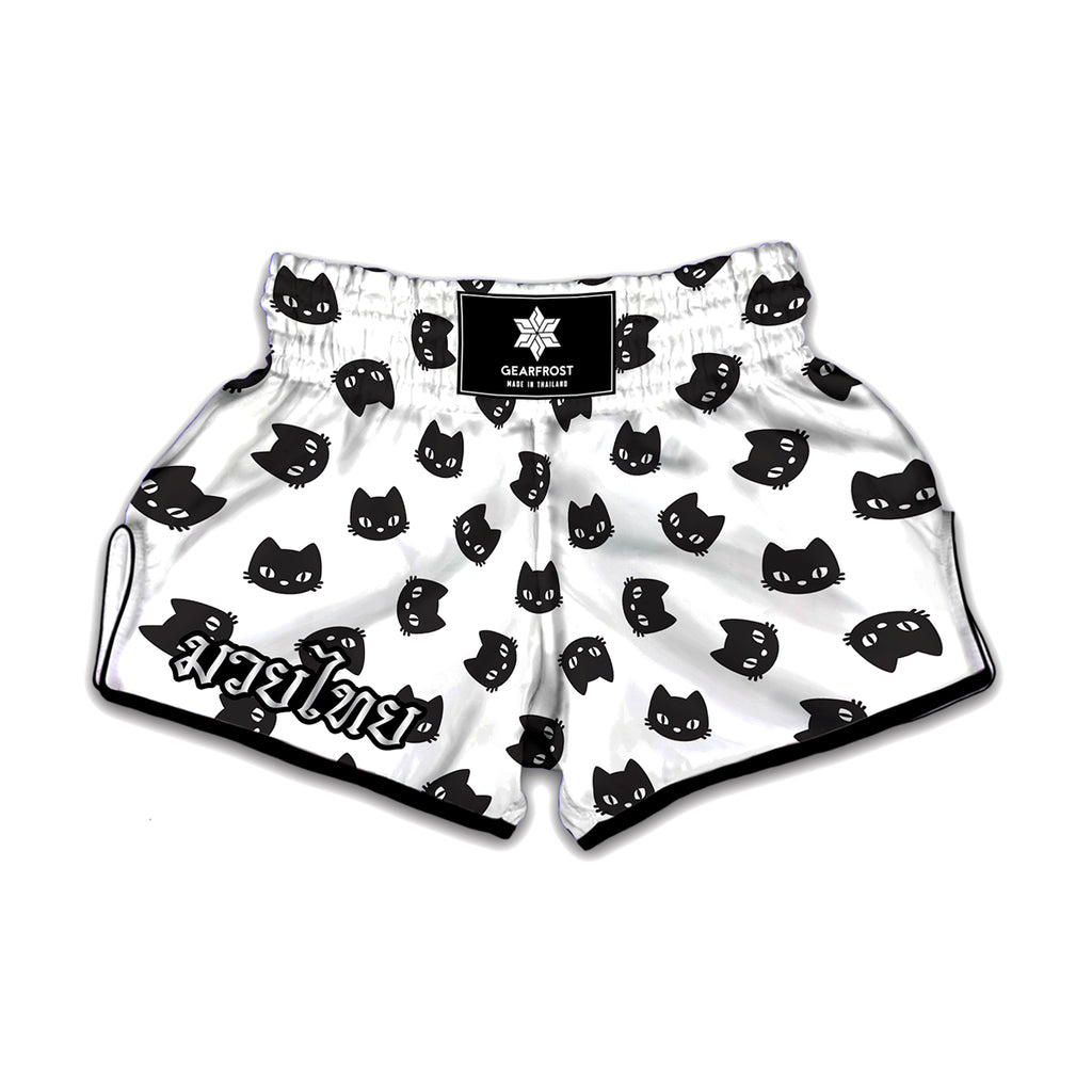 Black And White Cat Pattern Print Muay Thai Boxing Shorts