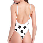 Black And White Cat Pattern Print One Piece High Cut Swimsuit