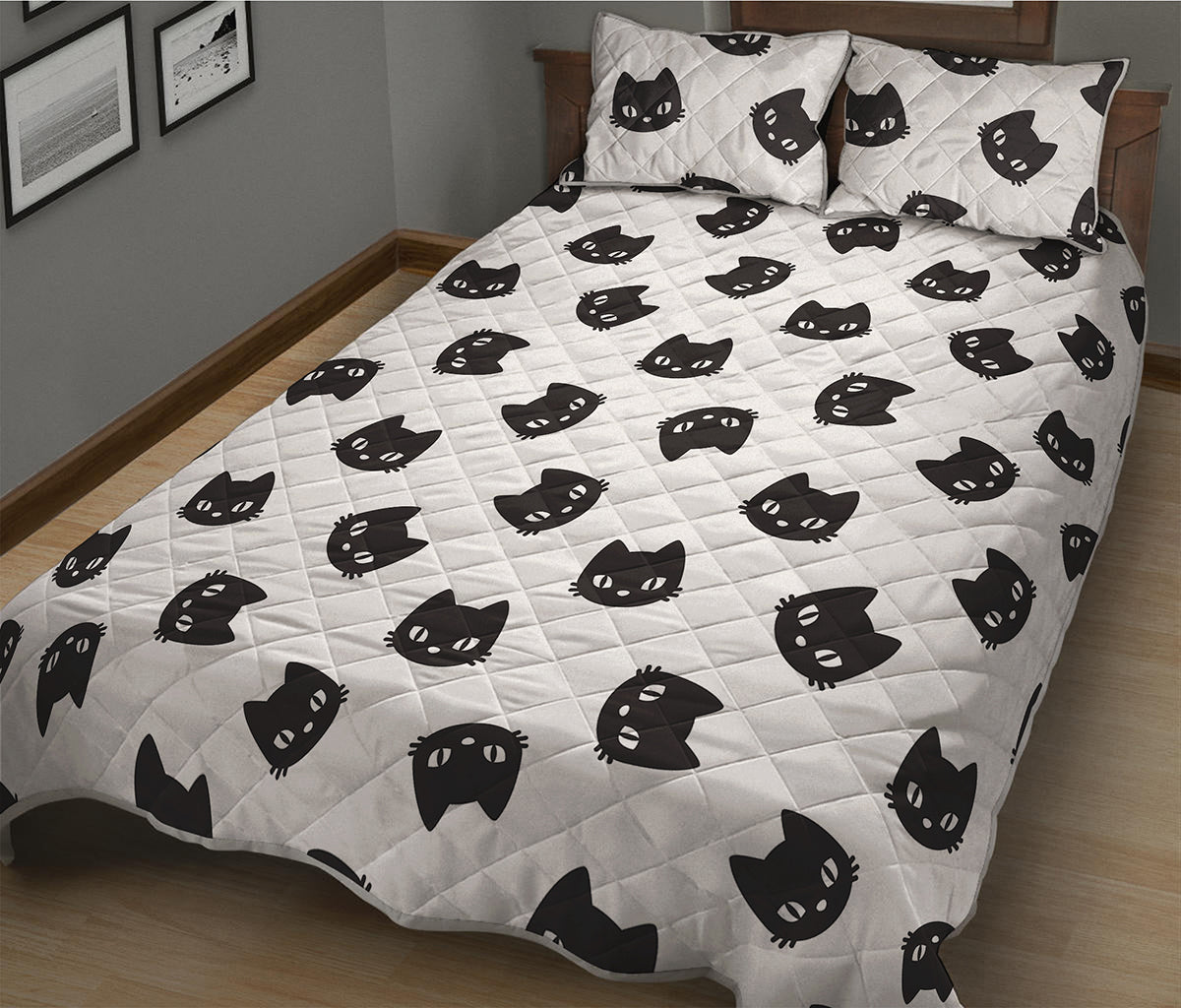 Black And White Cat Pattern Print Quilt Bed Set