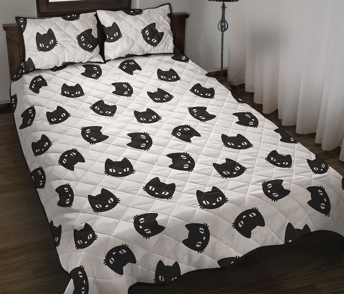 Black And White Cat Pattern Print Quilt Bed Set