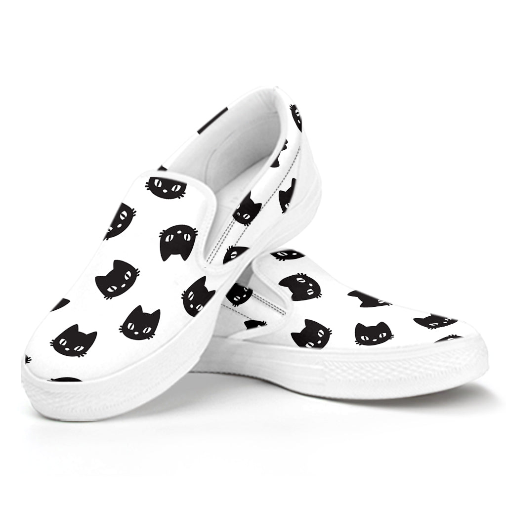 Black And White Cat Pattern Print White Slip On Shoes