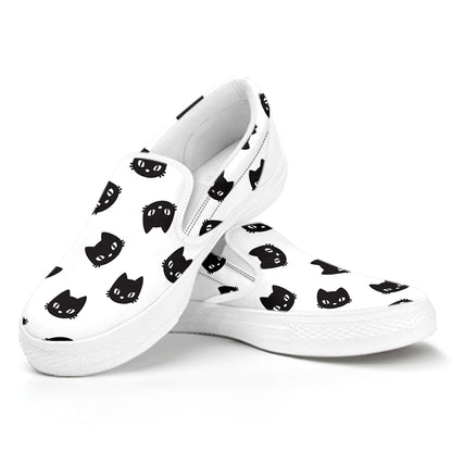 Black And White Cat Pattern Print White Slip On Shoes