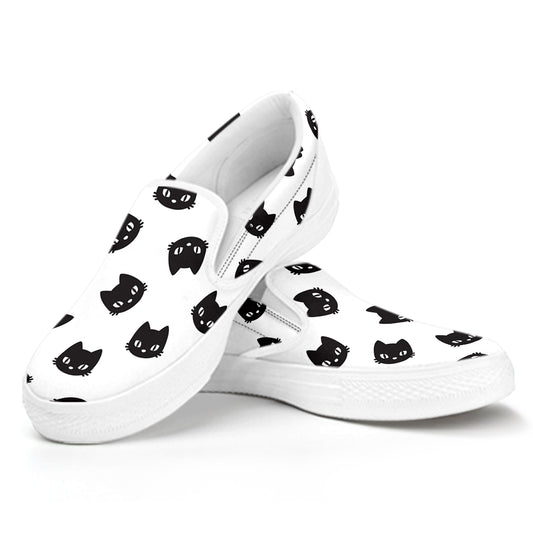 Black And White Cat Pattern Print White Slip On Shoes