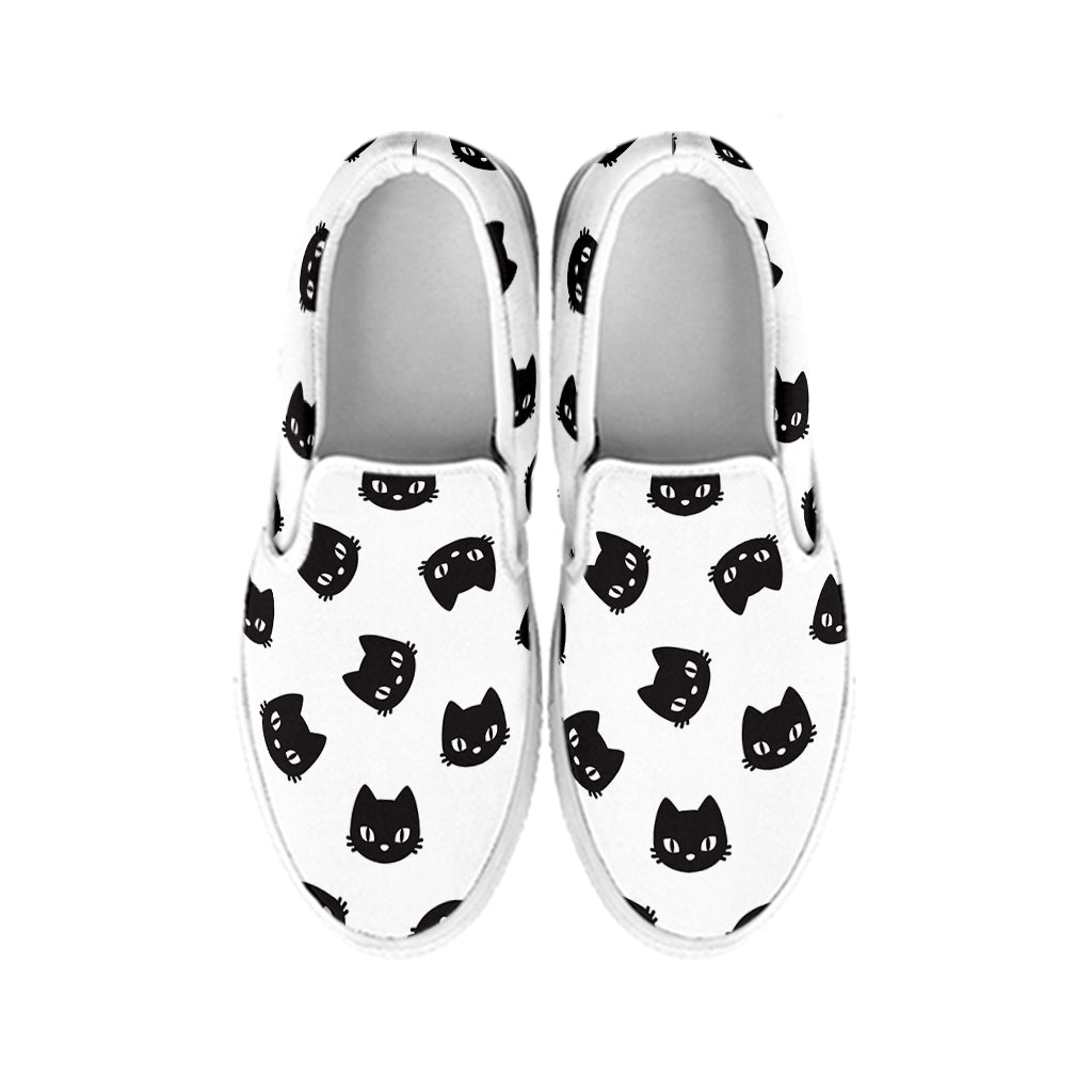 Black And White Cat Pattern Print White Slip On Shoes