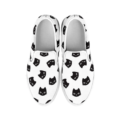 Black And White Cat Pattern Print White Slip On Shoes