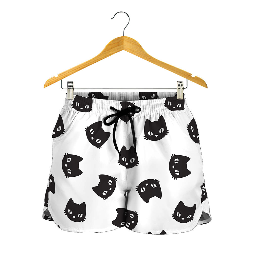 Black And White Cat Pattern Print Women's Shorts