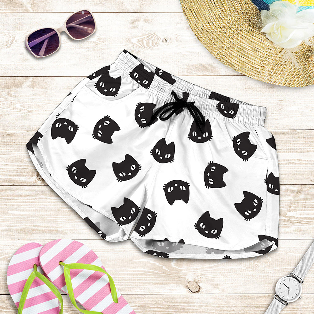 Black And White Cat Pattern Print Women's Shorts