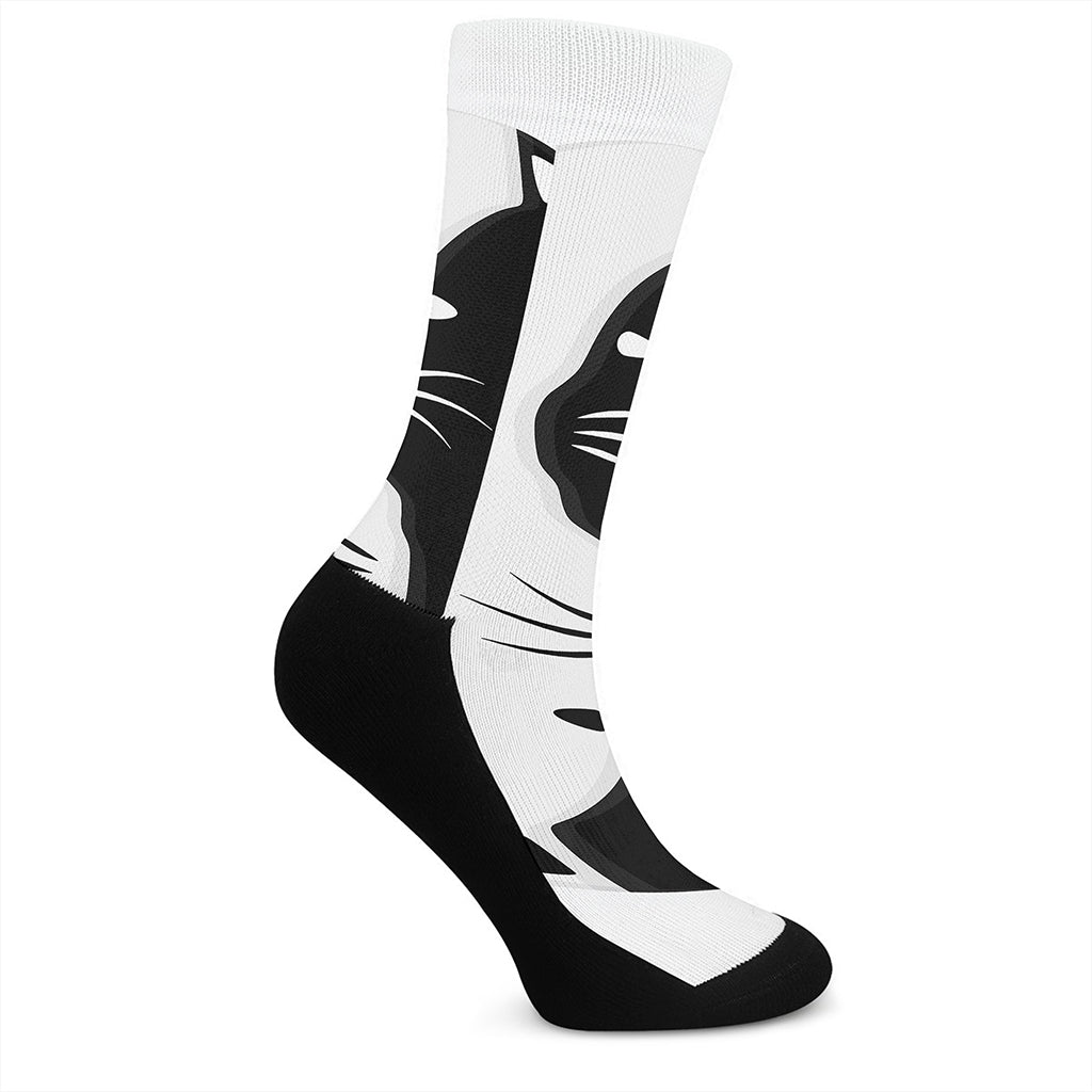 Black And White Cat Yin Yang Print Crew Socks