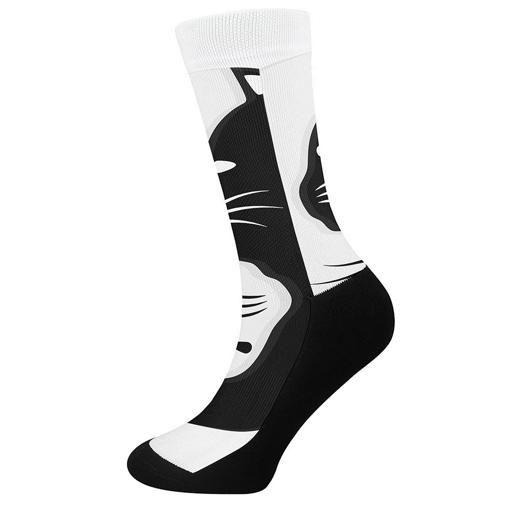 Black And White Cat Yin Yang Print Crew Socks