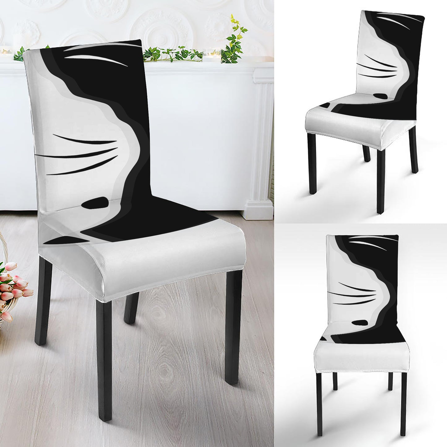 Black And White Cat Yin Yang Print Dining Chair Slipcover