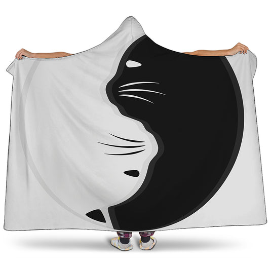Black And White Cat Yin Yang Print Hooded Blanket