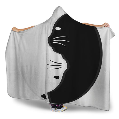 Black And White Cat Yin Yang Print Hooded Blanket