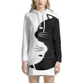 Black And White Cat Yin Yang Print Pullover Hoodie Dress