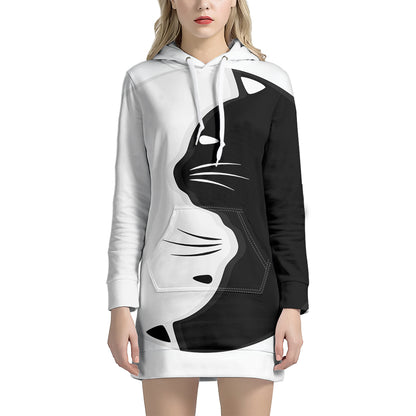 Black And White Cat Yin Yang Print Pullover Hoodie Dress