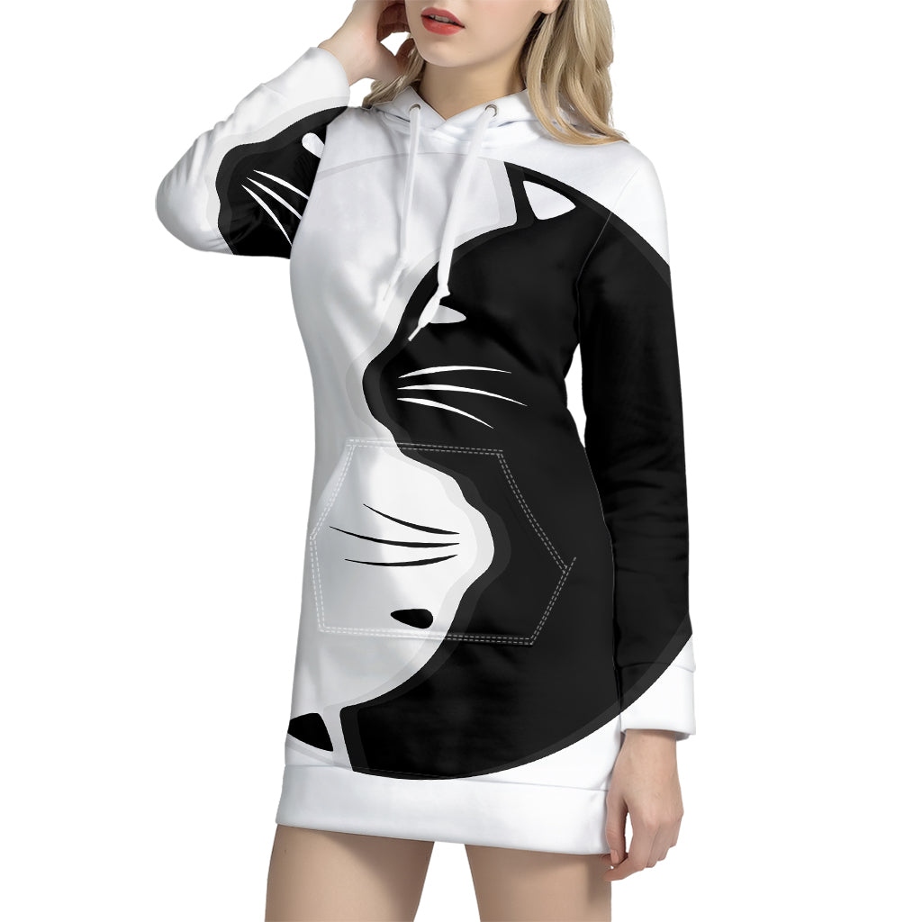 Black And White Cat Yin Yang Print Pullover Hoodie Dress