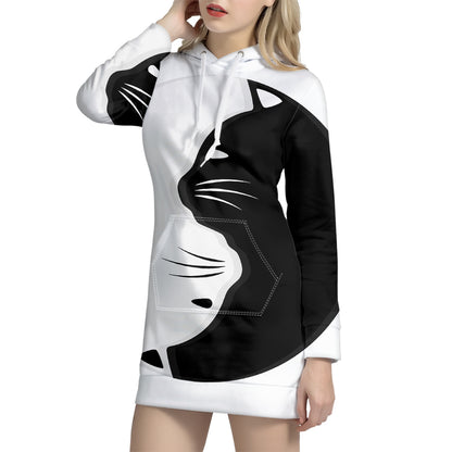 Black And White Cat Yin Yang Print Pullover Hoodie Dress