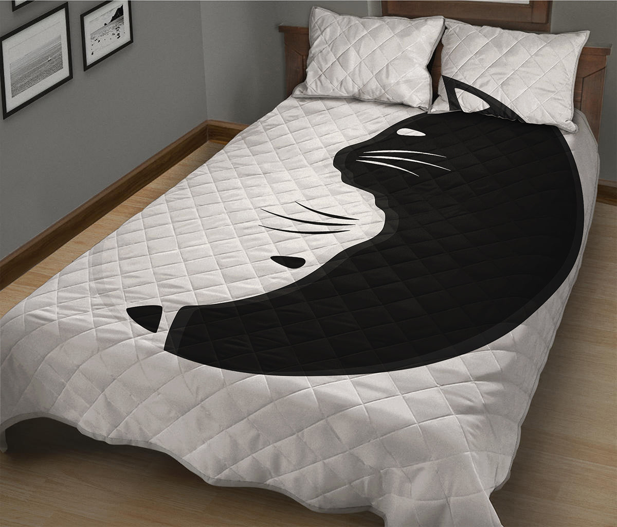 Black And White Cat Yin Yang Print Quilt Bed Set