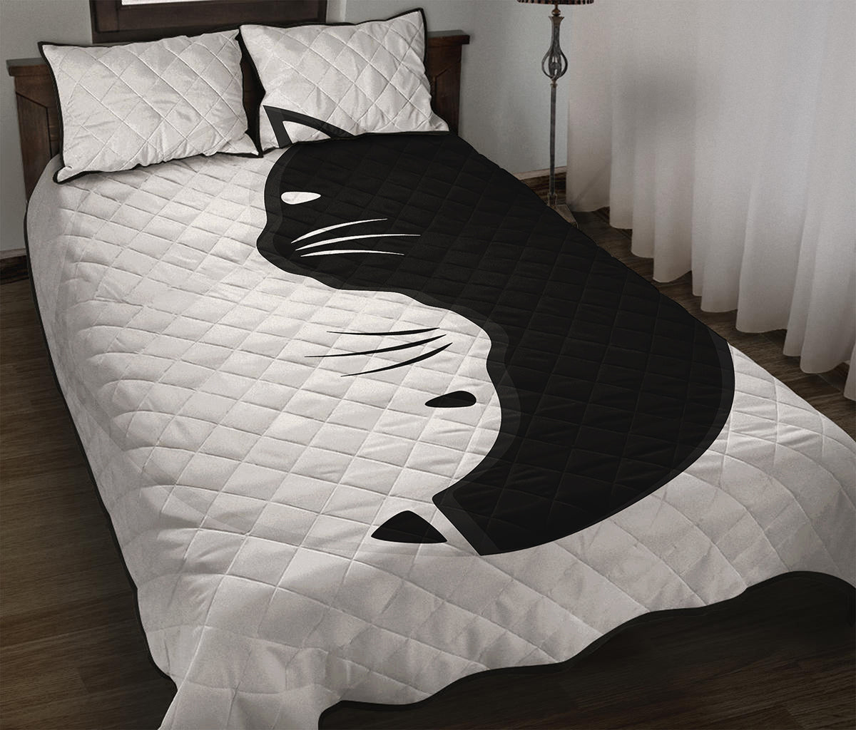Black And White Cat Yin Yang Print Quilt Bed Set