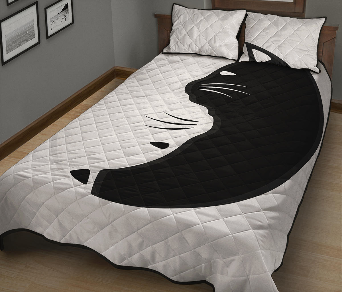 Black And White Cat Yin Yang Print Quilt Bed Set