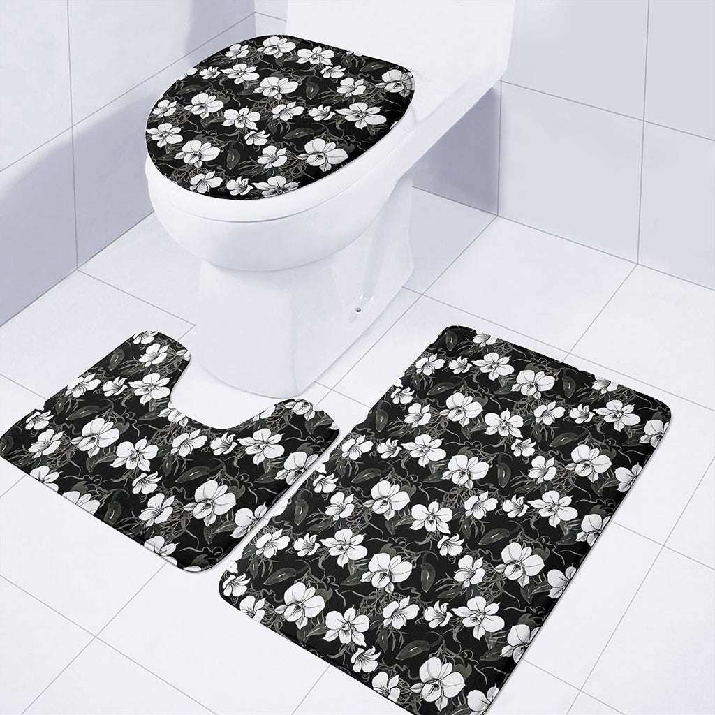 Black And White Cattleya Pattern Print 3 Piece Bath Mat Set