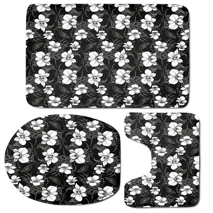 Black And White Cattleya Pattern Print 3 Piece Bath Mat Set